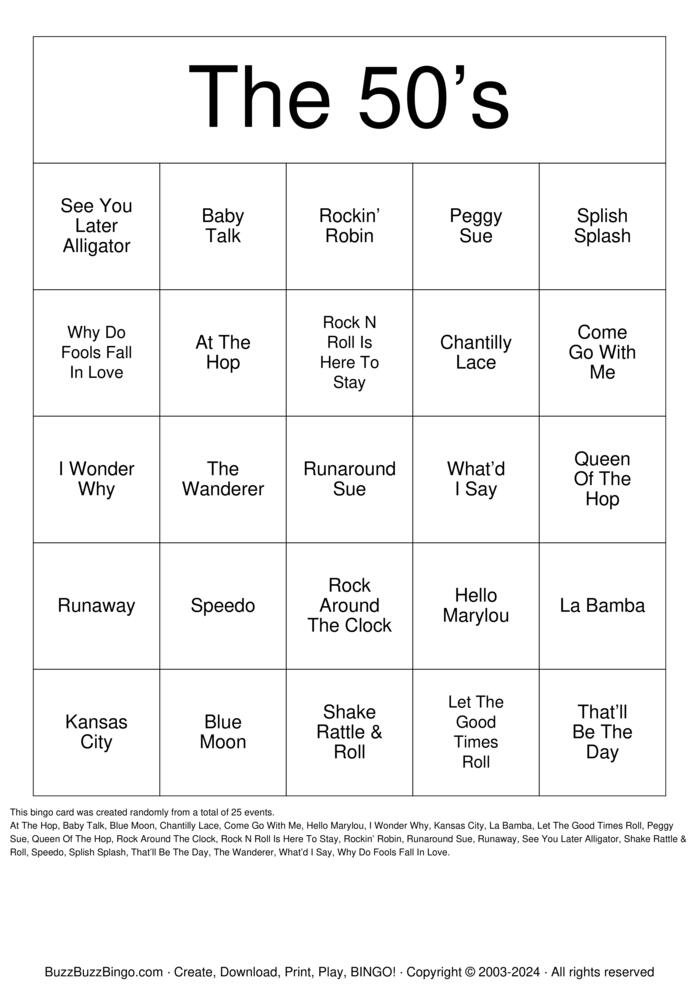 The 50?s Bingo Cards to Download, Print and Customize!