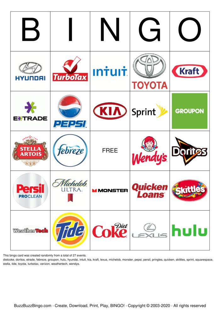 2018 Superbowl Commercial Logos Bingo Cards to Download, Print and ...
