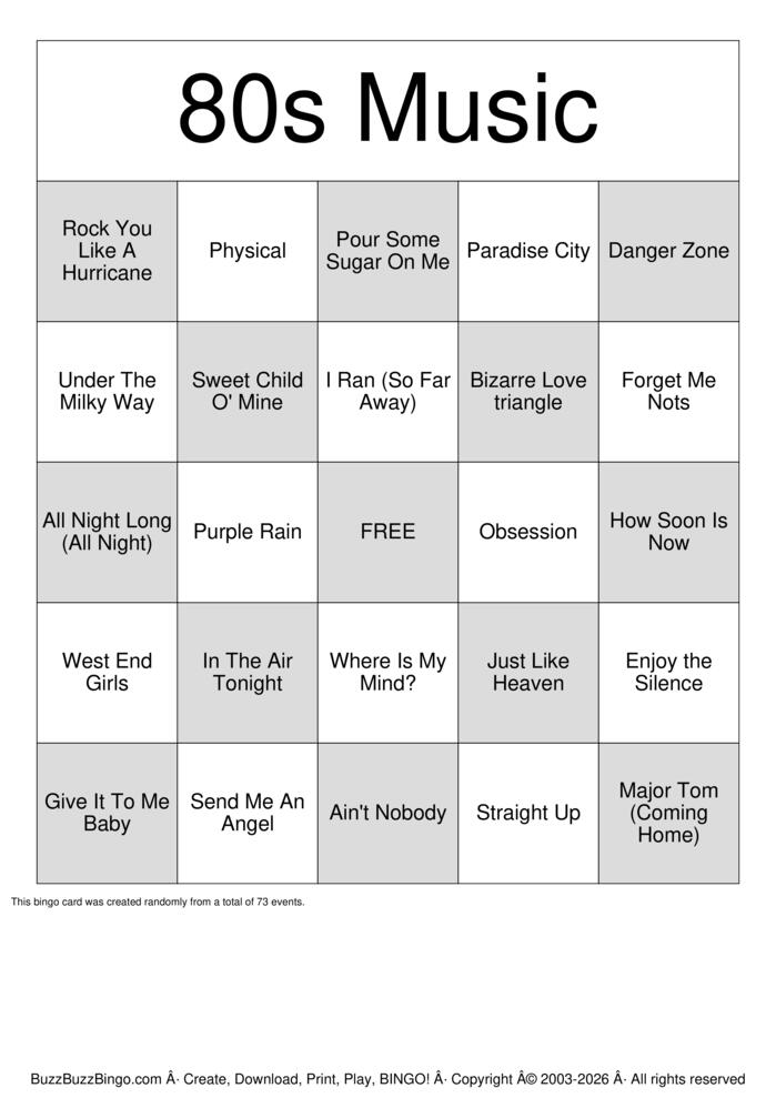 Download Free 80s Music Bingo Cards