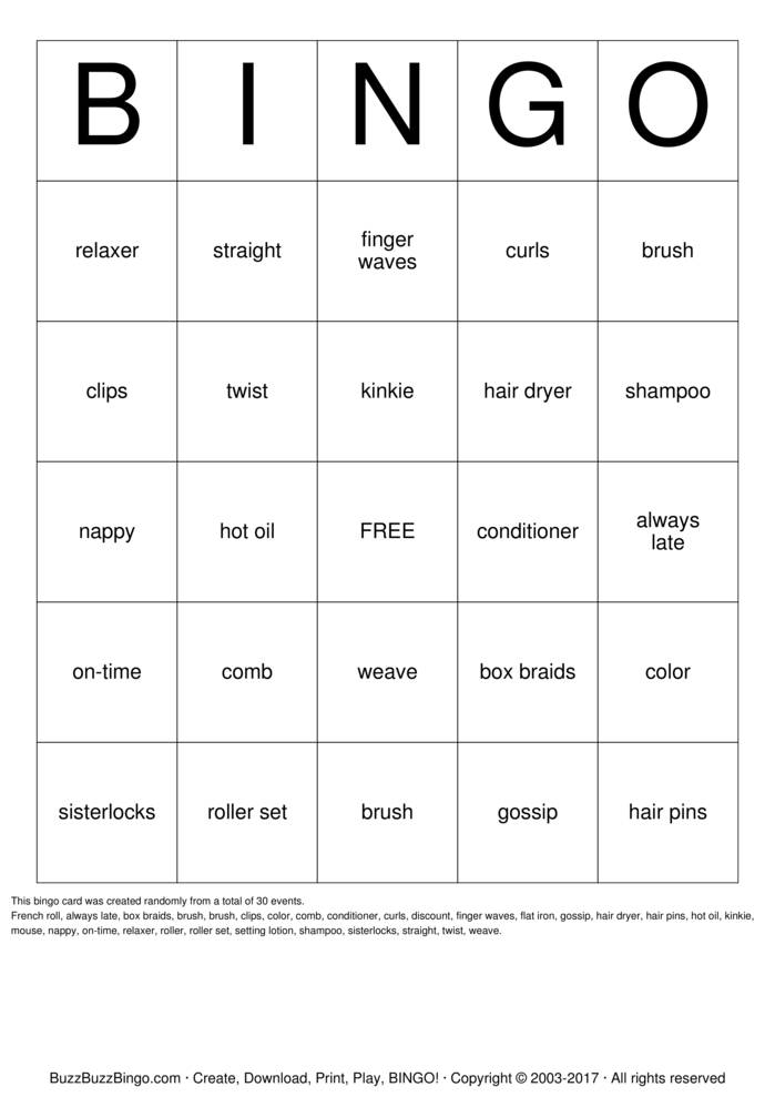 Download Free AT THE SALON Bingo Cards Download Free AT THE SALON Bingo Cards