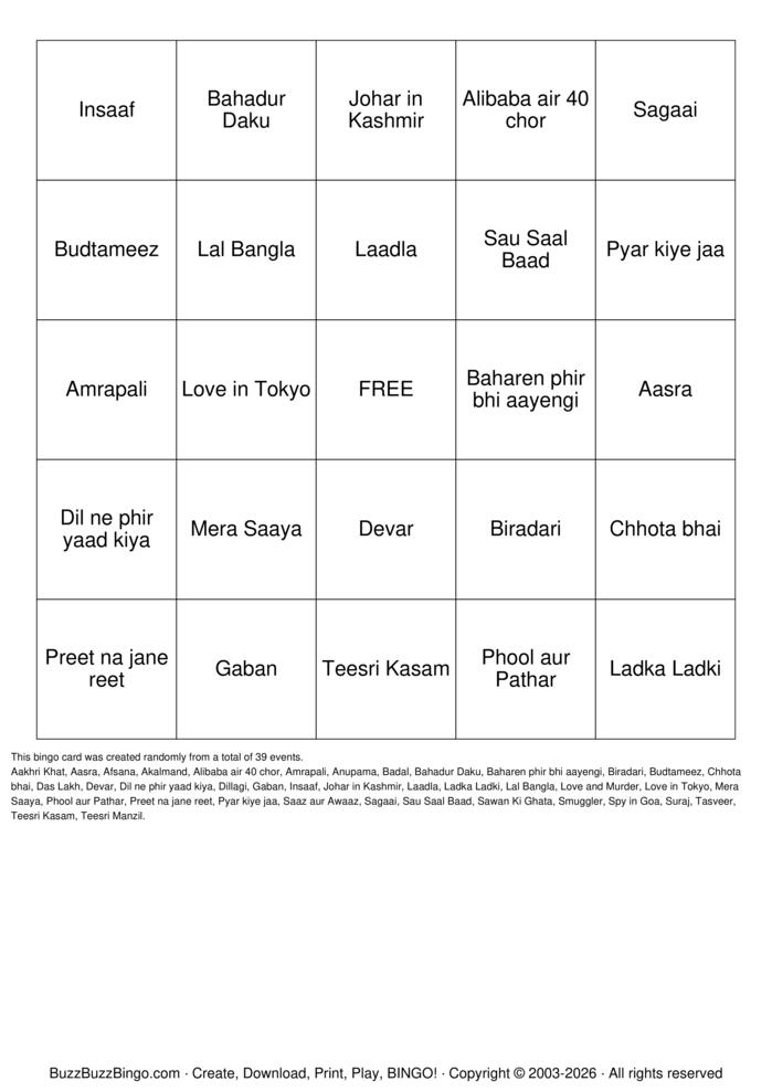 Download Free BollyWood movie Bingo Bingo Cards
