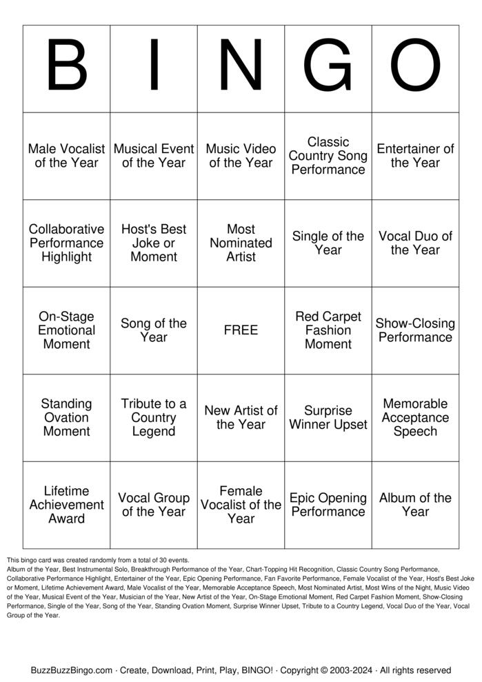 Download Free Country Music Association Awards Bingo Cards