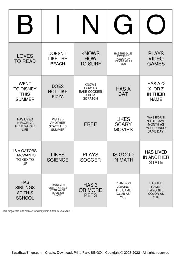 Find a Friend BINGO Bingo Cards to Download, Print and Customize!