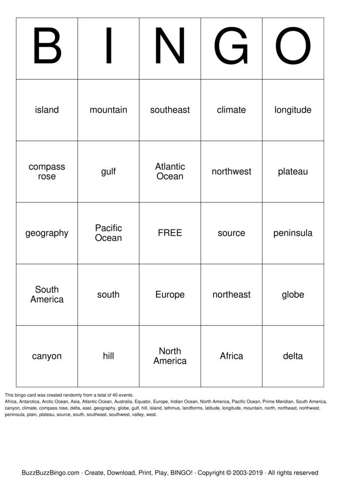 Download Free Geography Bingo Cards