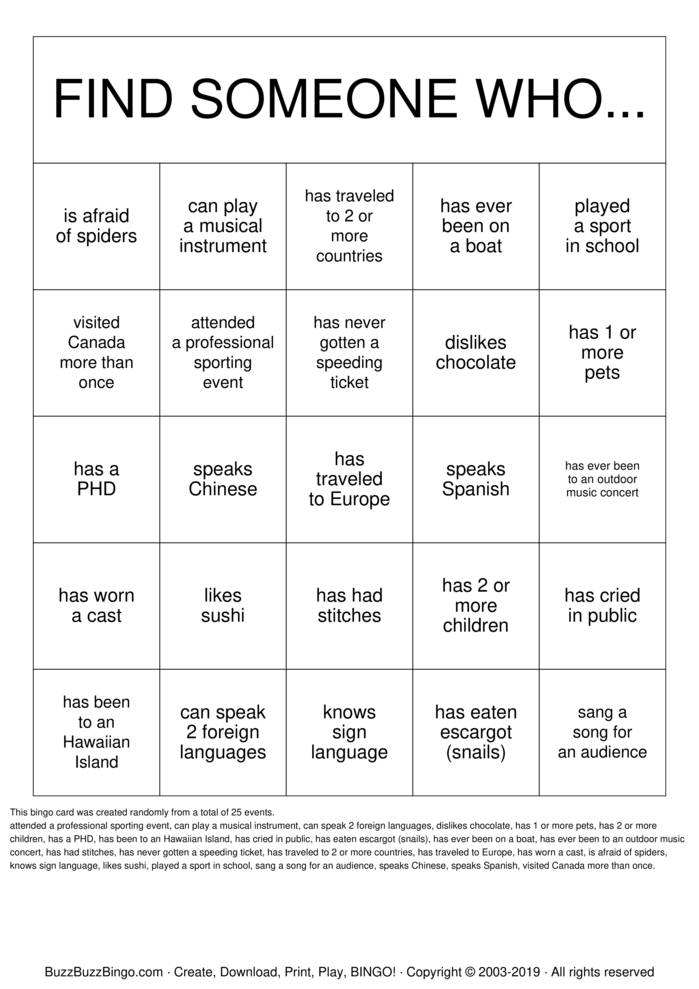 Bingo spiel zum kennenlernen