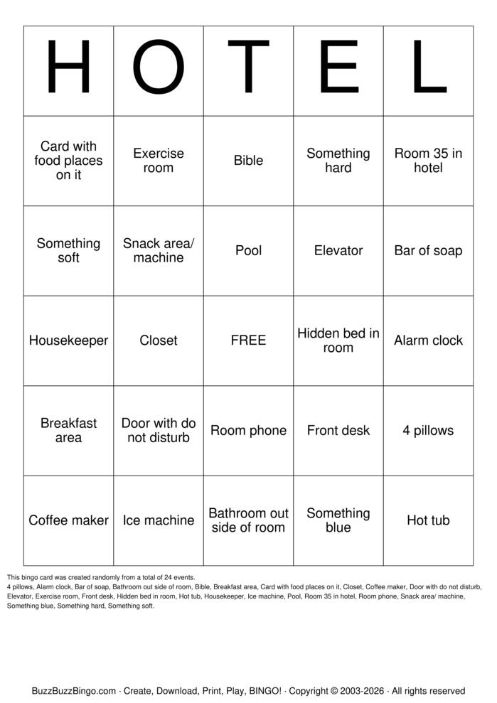 Download Free Hotel Bingo Cards