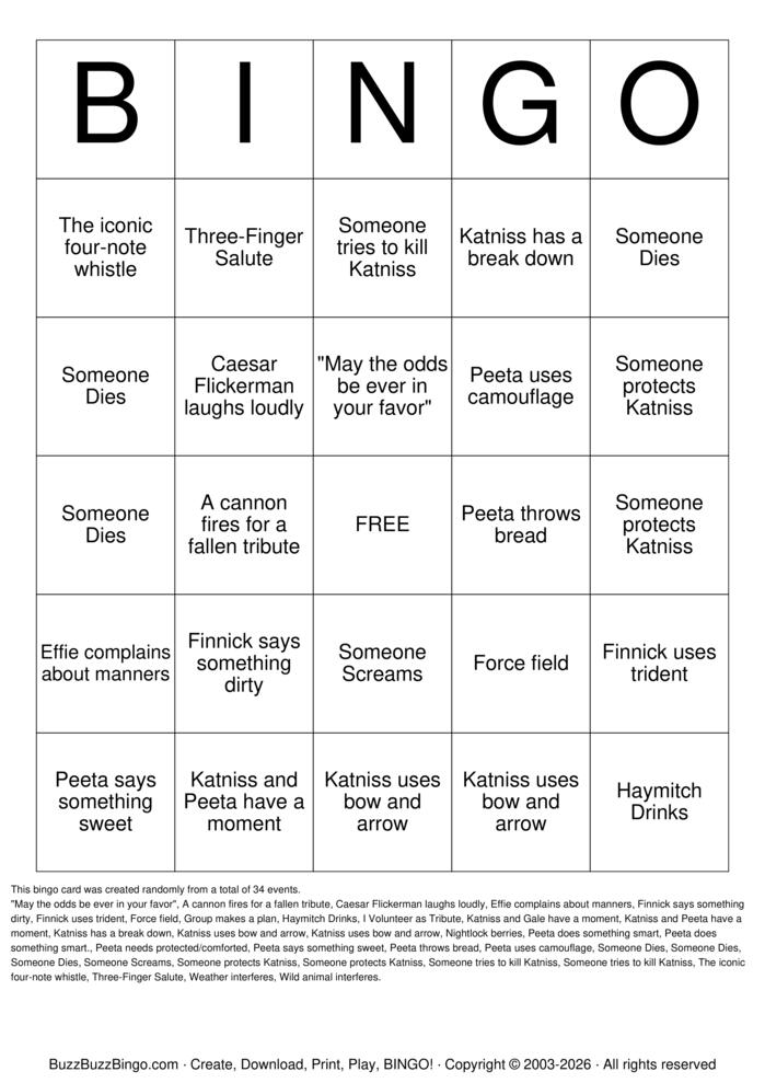 Download Free Hunger Games Bingo Cards