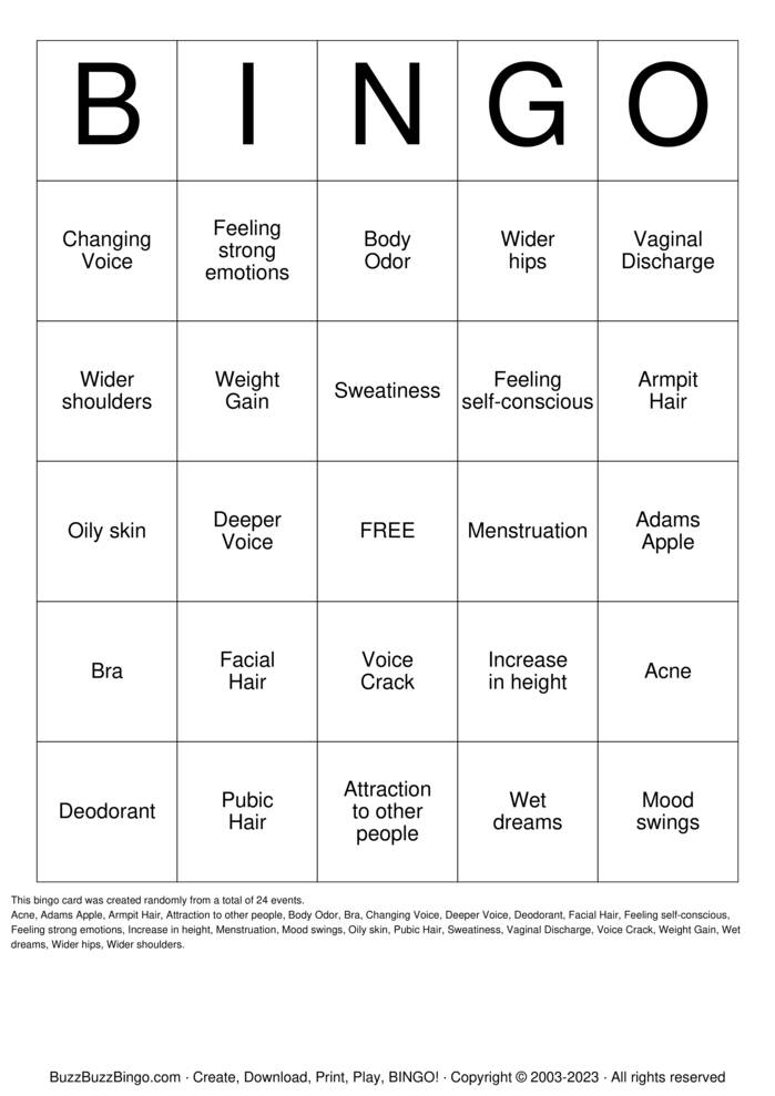 It's Puberty ! Bingo Cards to Download, Print and Customize!