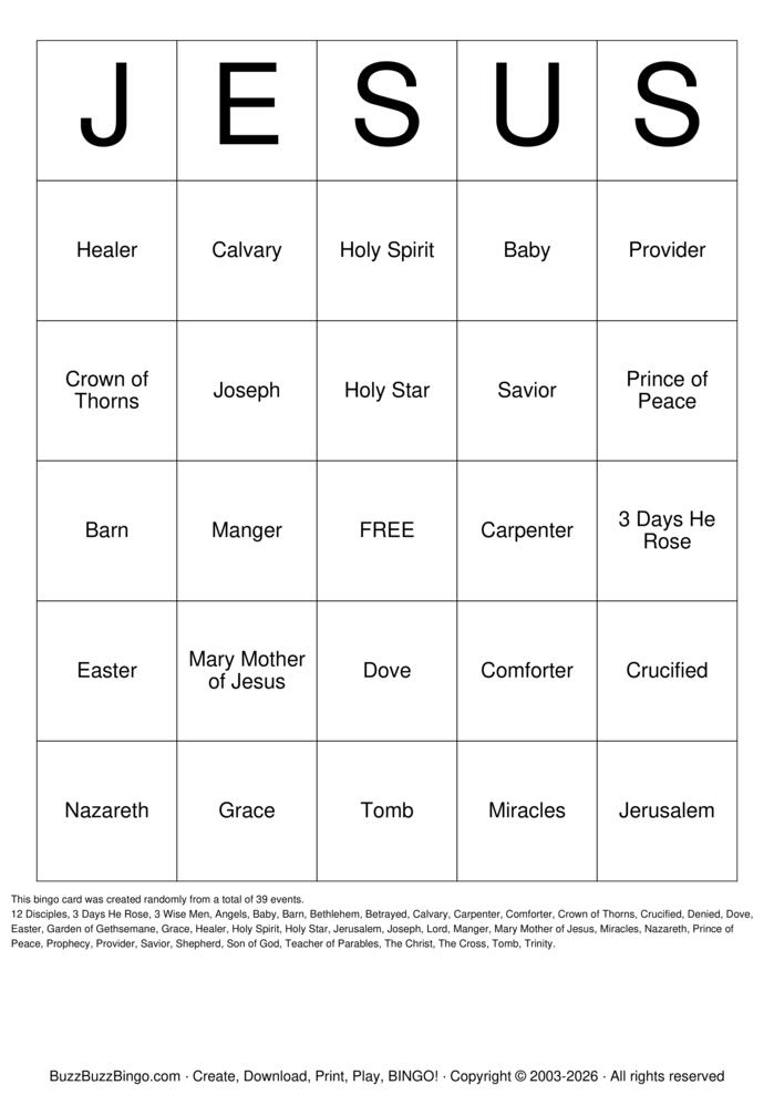Download Free JESUS Bingo Cards Download Free JESUS Bingo Cards