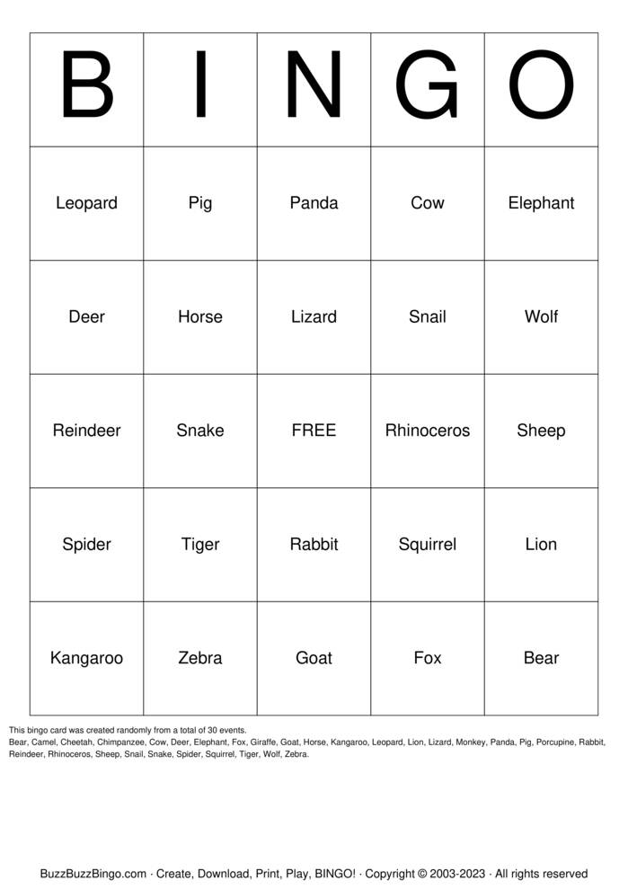 Download Free Land Animals Bingo Cards