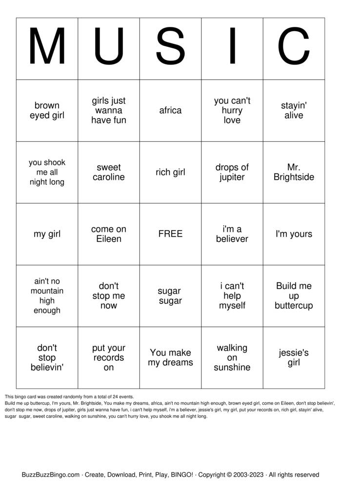 Download Free MUSIC Bingo Cards