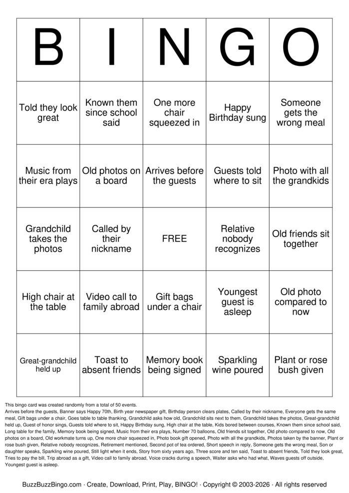 Download Free Milestone 70th Birthday Bingo Cards