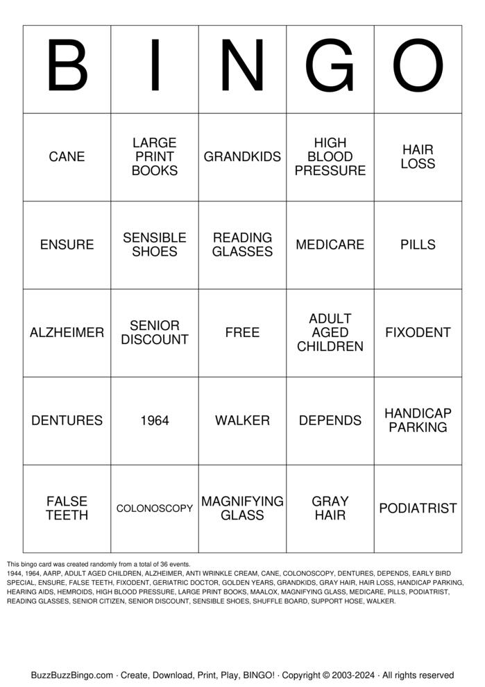 OVER THE HILL Bingo Cards to Download, Print and Customize!