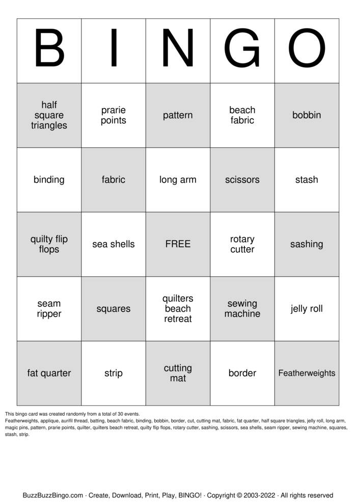 QUILT Bingo Cards to Download, Print and Customize!