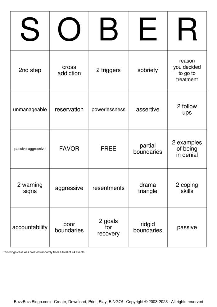 Download Free Recovery Bingo Cards Download Free Recovery Bingo Cards