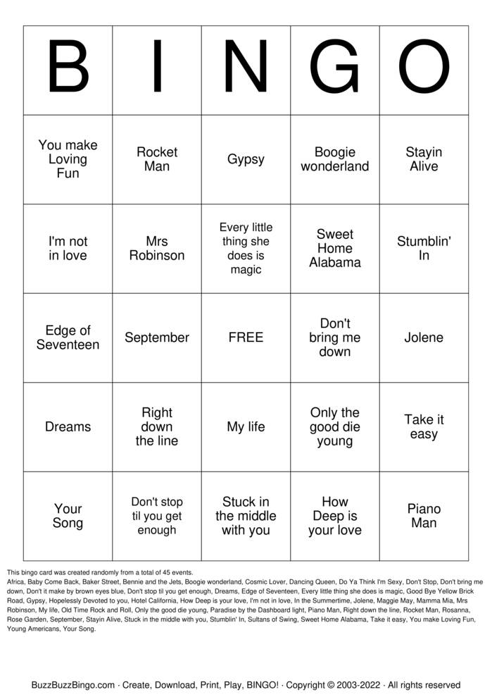 Download Free Rock 'N' Roll Bingo Cards Download Free Rock 'N' Roll Bingo Cards