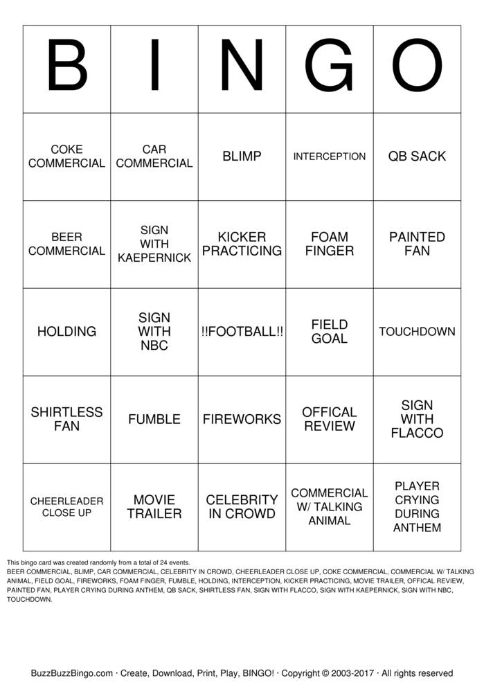 SUPERBOWL BINGO Bingo Cards to Download, Print and Customize!