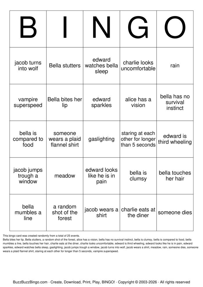 Download Free TWILIGHT BINGO Bingo Cards Download Free TWILIGHT BINGO Bingo Cards
