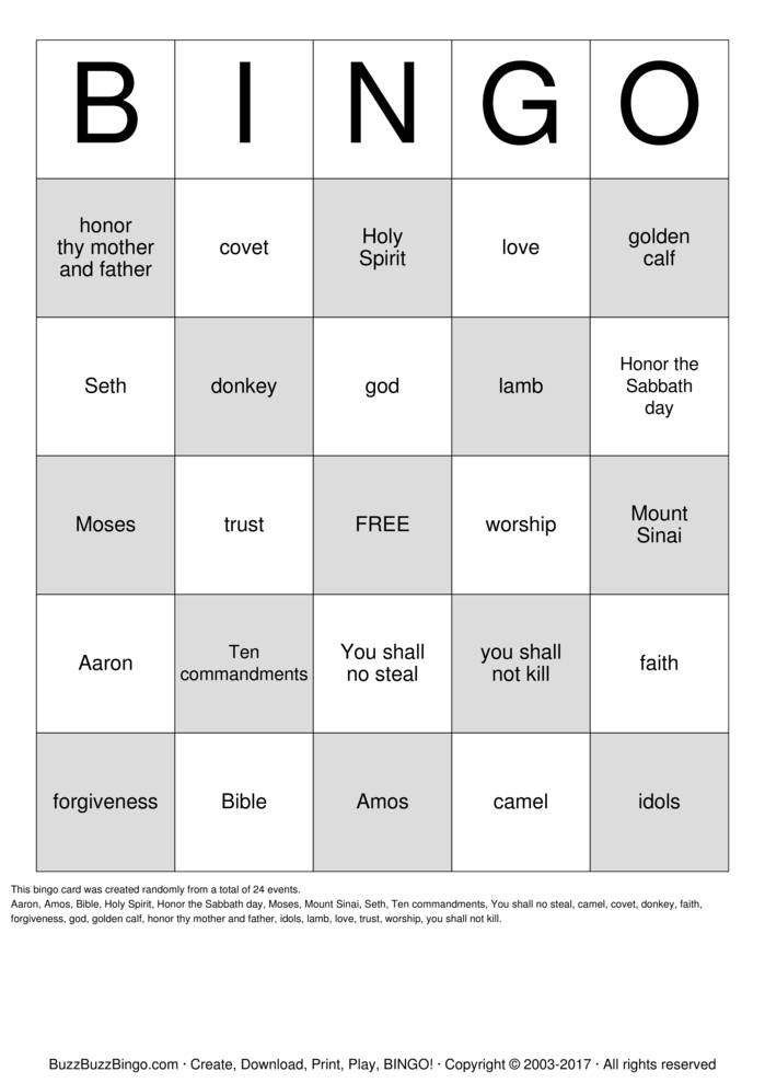Download Free The 10 Commandments Bingo Cards Download Free The 10 Commandments Bingo Cards