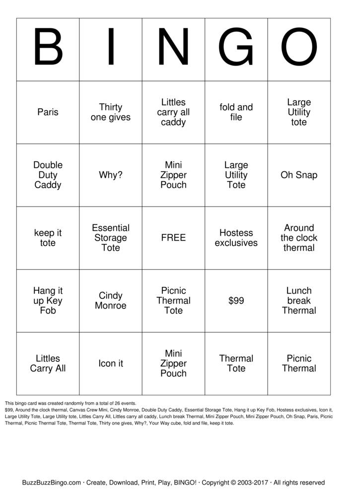 Download Free Thirty One Bingo Cards
