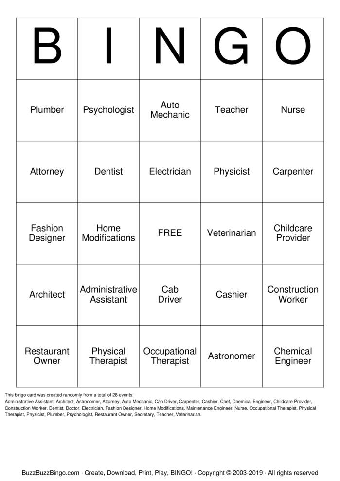 Download Free occupation therapy Bingo Cards Download Free occupation therapy Bingo Cards