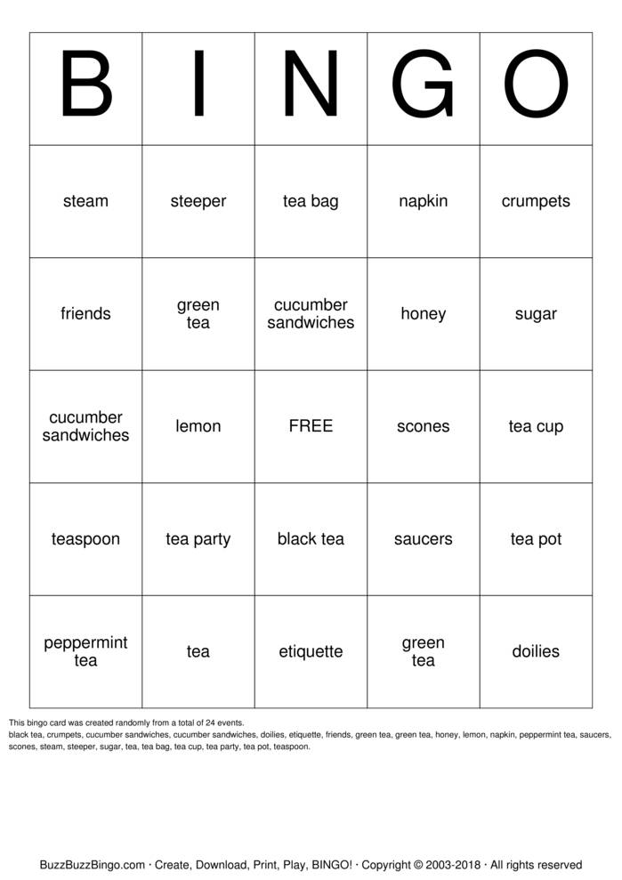 tea party bingo Bingo Cards to Download, Print and Customize!