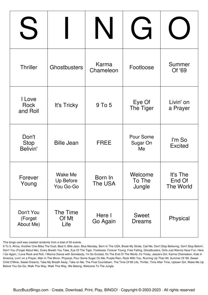 Download Free 80's SINGO Bingo Cards