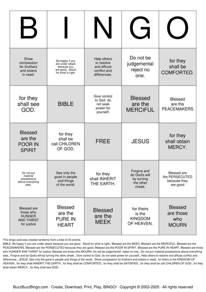 Download Free BEATITUDES Bingo Cards