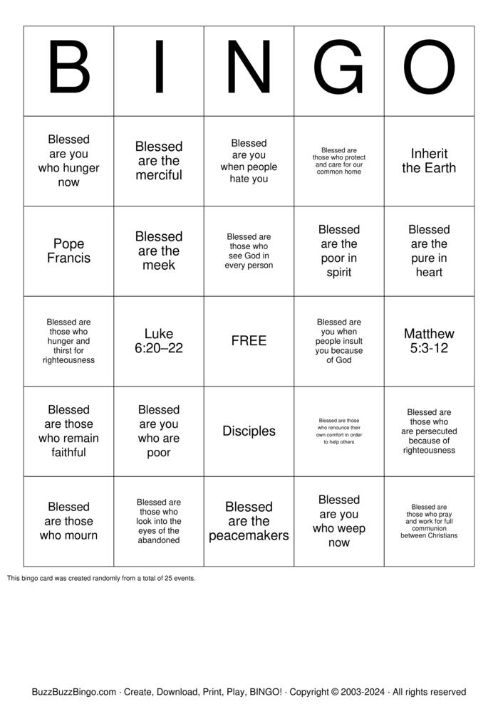 Download Free Beatitudes Bingo Cards