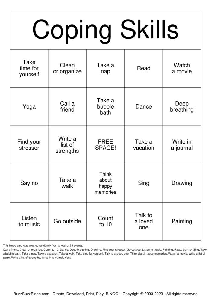 Download Free Coping Skills Bingo Cards