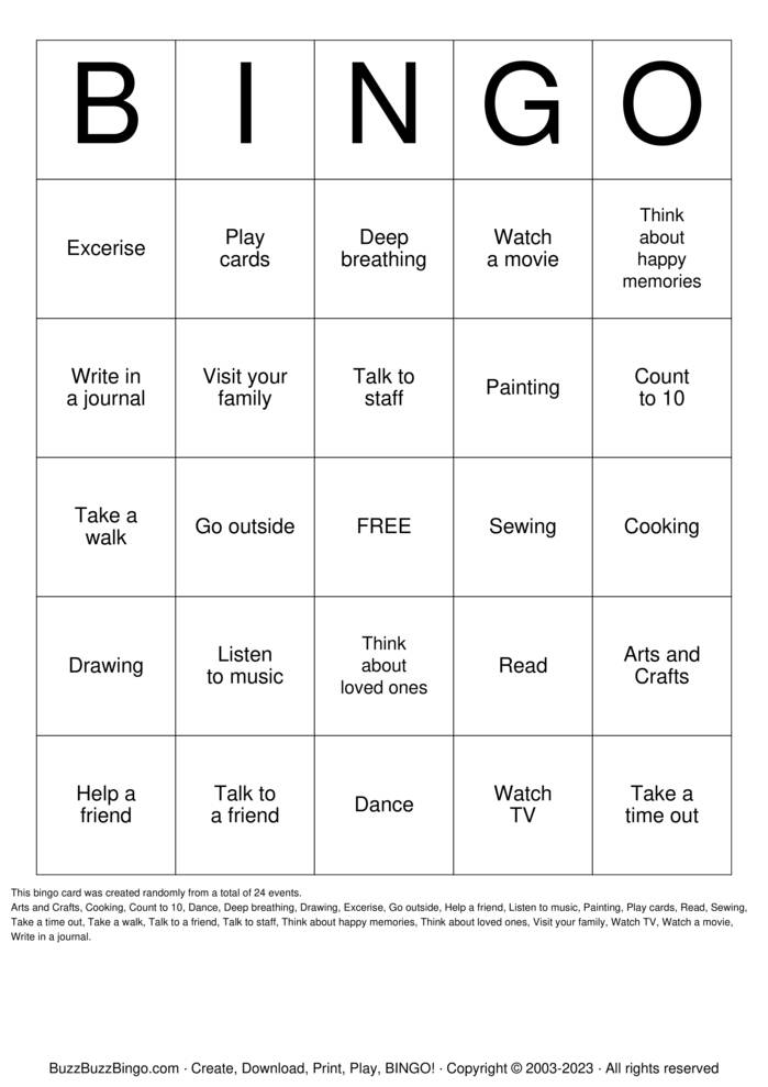 Download Free Coping Skills Bingo Cards