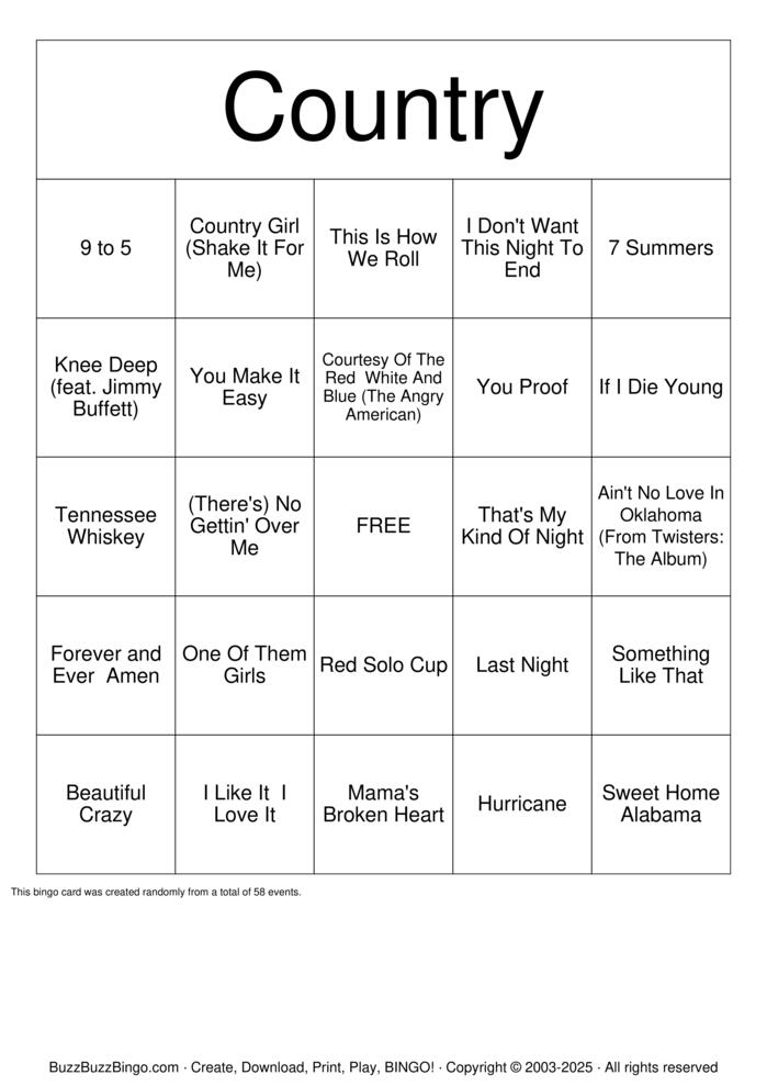 Download Free Country Bingo Cards