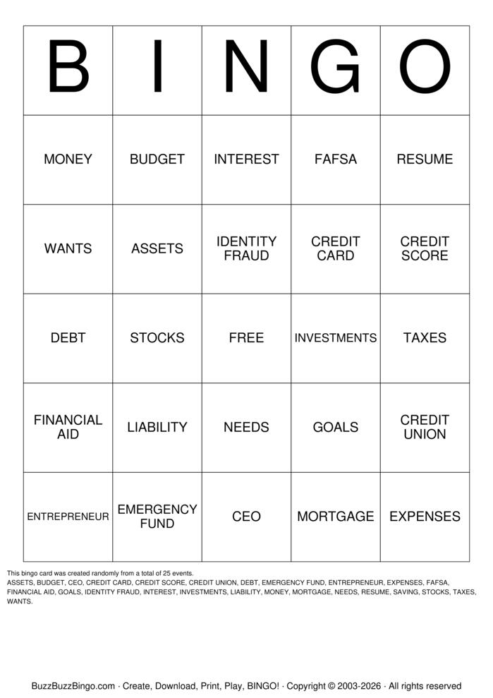 Download Free FINANCIAL LITERACY Bingo Cards