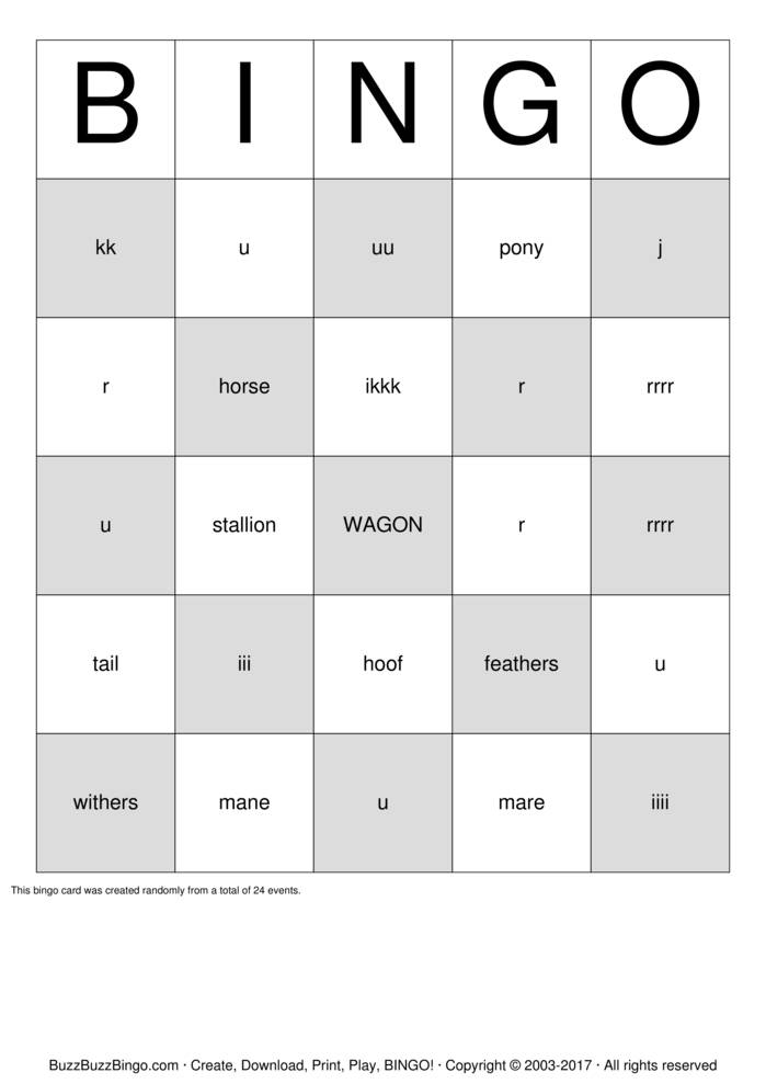 Download Free HORSE Bingo Cards Download Free HORSE Bingo Cards