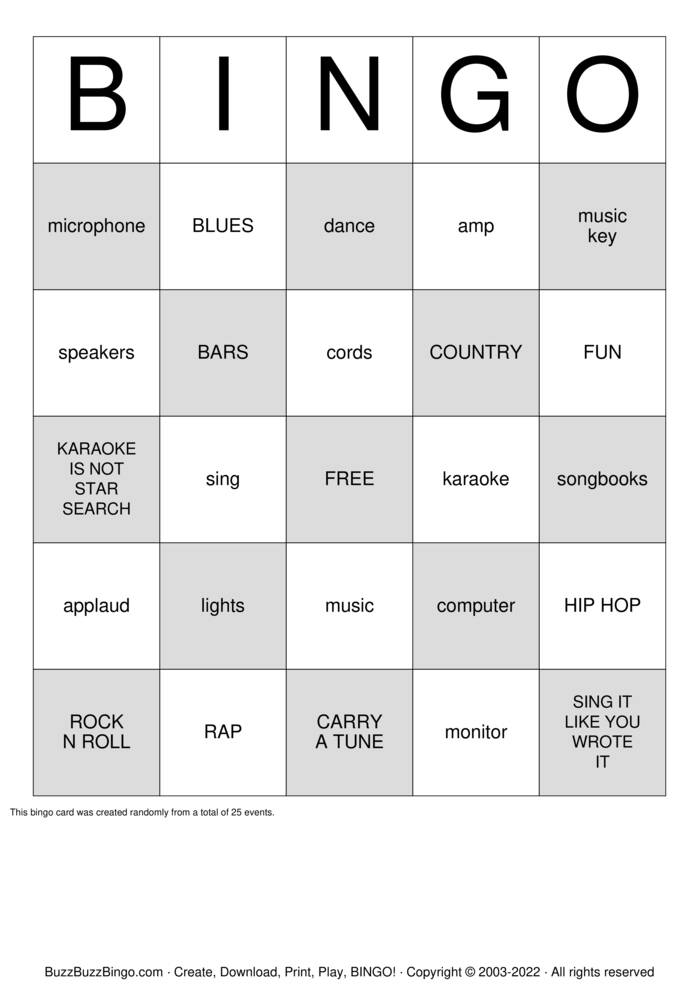 Download Free KARAOKE Bingo Cards Download Free KARAOKE Bingo Cards