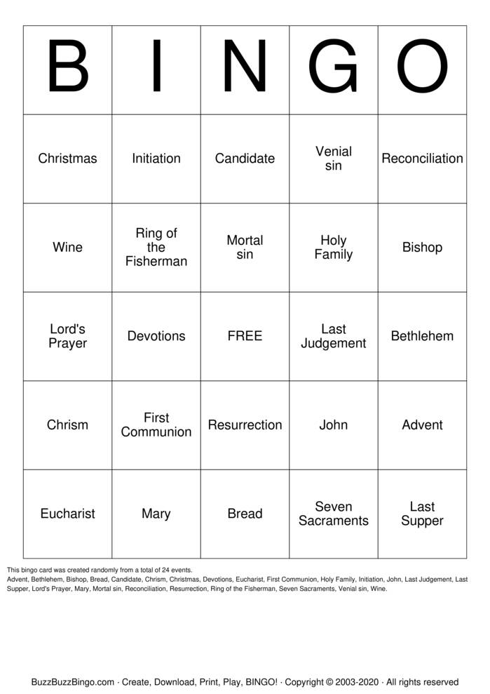 Lesson 8 Sacraments of Initiation &amp; Fait Bingo Cards to Download, Print ...