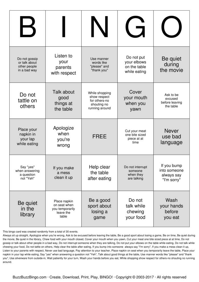 Manners Bingo Cards to Download, Print and Customize!