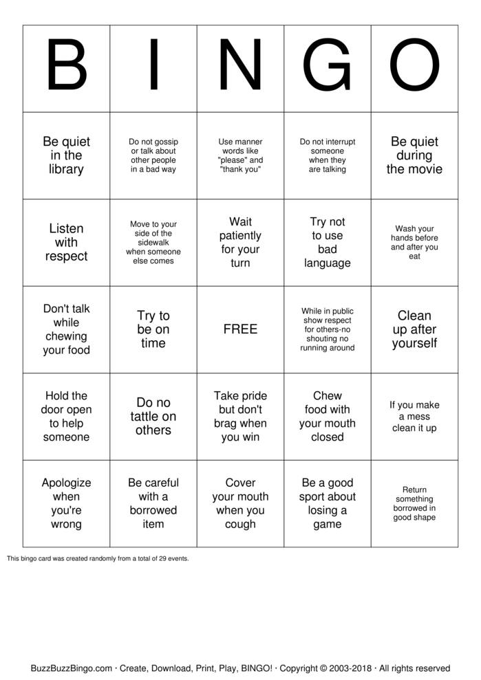 Manners Bingo Cards to Download, Print and Customize!