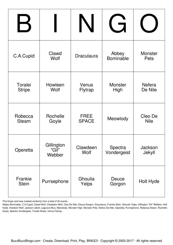 Monster High Bingo Cards to Download, Print and Customize!