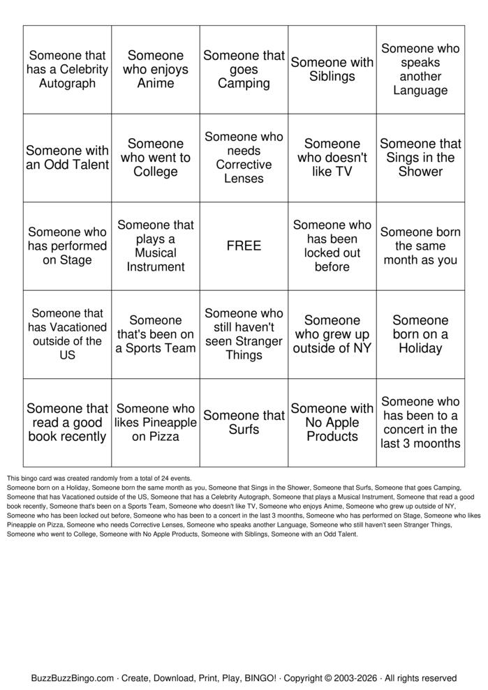 Download Free People  Bingo Cards
