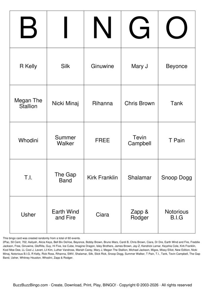 Download Free R&B/ HIP HOP(Artists) Bingo Cards