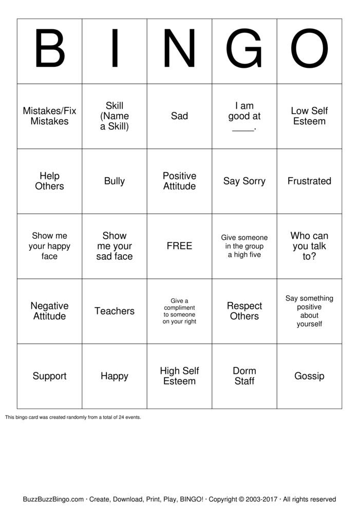Self Esteem Bingo Cards to Download, Print and Customize!