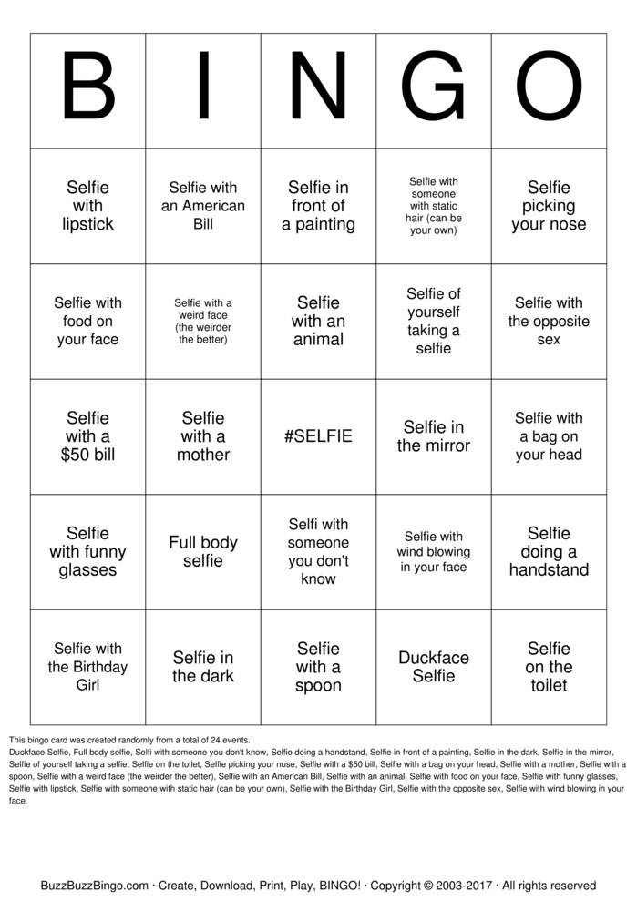 Selfie Bingo Bingo Cards to Download, Print and Customize!