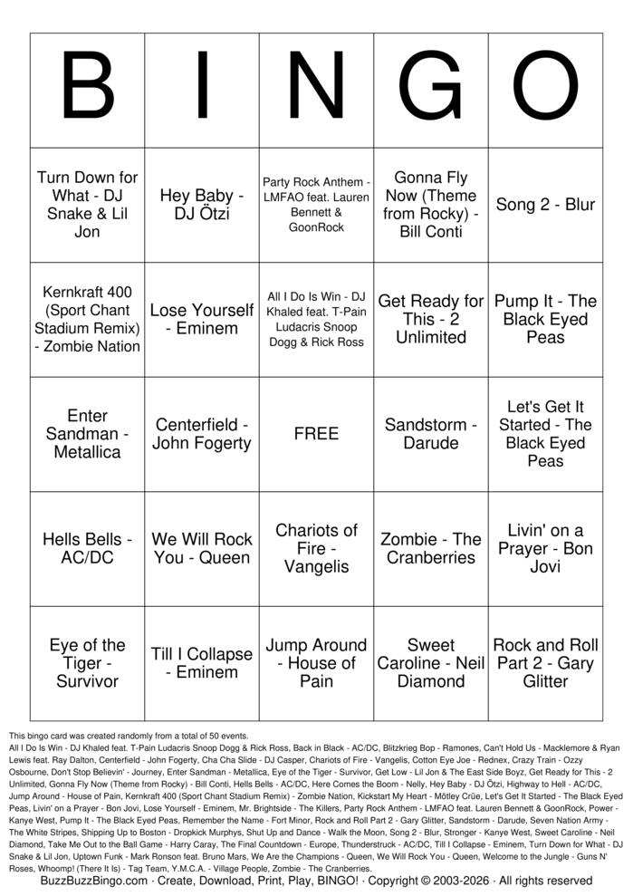 Download Free Stadium Sports Anthems Top 50 Bingo Cards