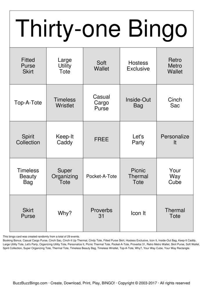 Thirty-One Bingo Bingo Cards to Download, Print and Customize!
