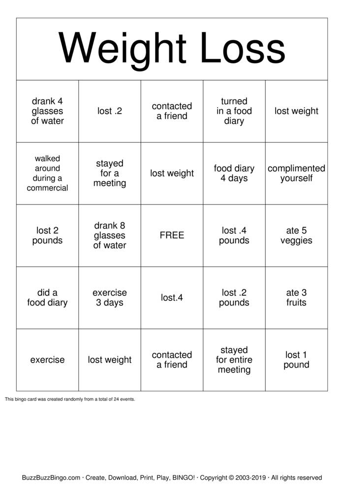 Download Free weight loss Bingo Cards Download Free weight loss Bingo Cards