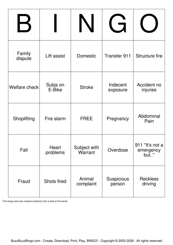 Download Free 911 Dispatcher Bingo Cards
