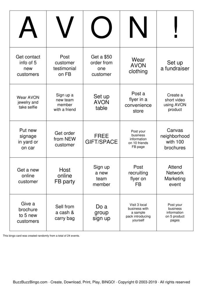 Download Free AVON Bingo Cards Download Free AVON Bingo Cards