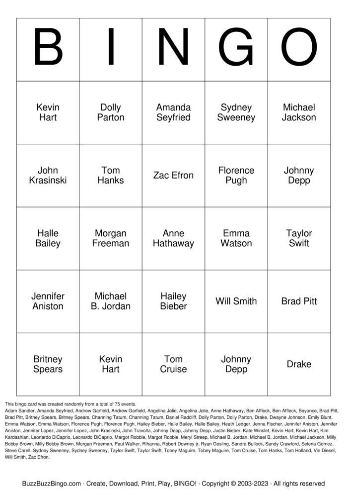 Download Free Celebrity Bingo Bingo Cards