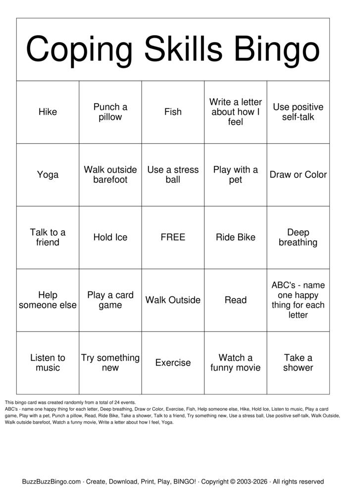 Download Free Coping Skills  Bingo Cards